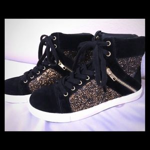 black and gold sparkling high top sneakers